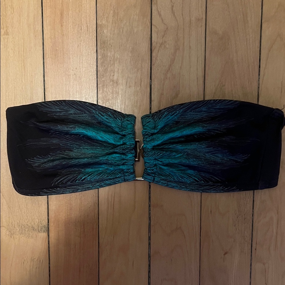 Black and Teal Feather Print Bandeau Top
